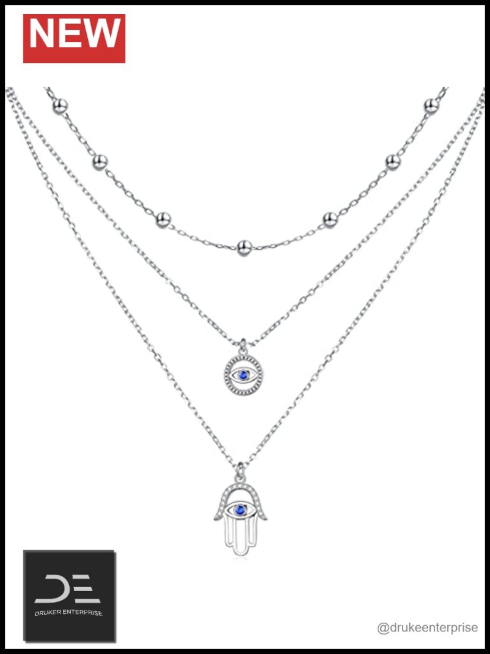 S925 Sterling Silver Evil Eye Hamsa CZ Triple Layered Necklace